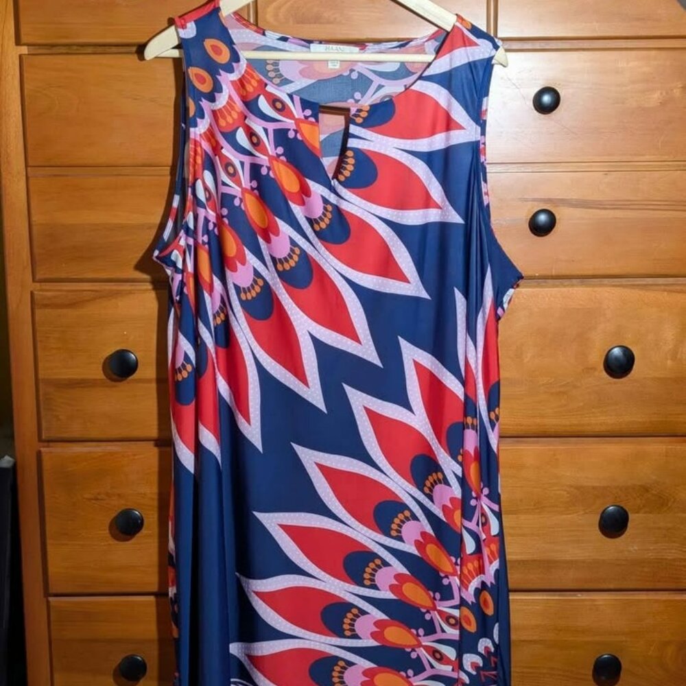 HAANI Sleeveless Dress‎ 3X Navy Abstract Print Metallic Accent